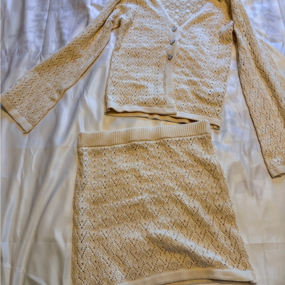 Cream Crochet Knit Cardigan & Skirt Set